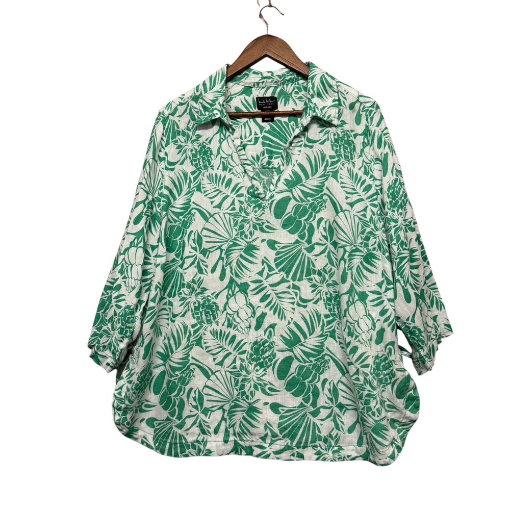 Womens 1X Tunic Top Green Tropical‎ Pineapple 100% Linen 3/4 Sleeve Resortwear